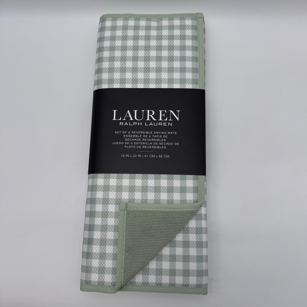 Ralph Lauren Reversible Dish Drying Mats 2 Set Sage Gingham Check 16"x 22"